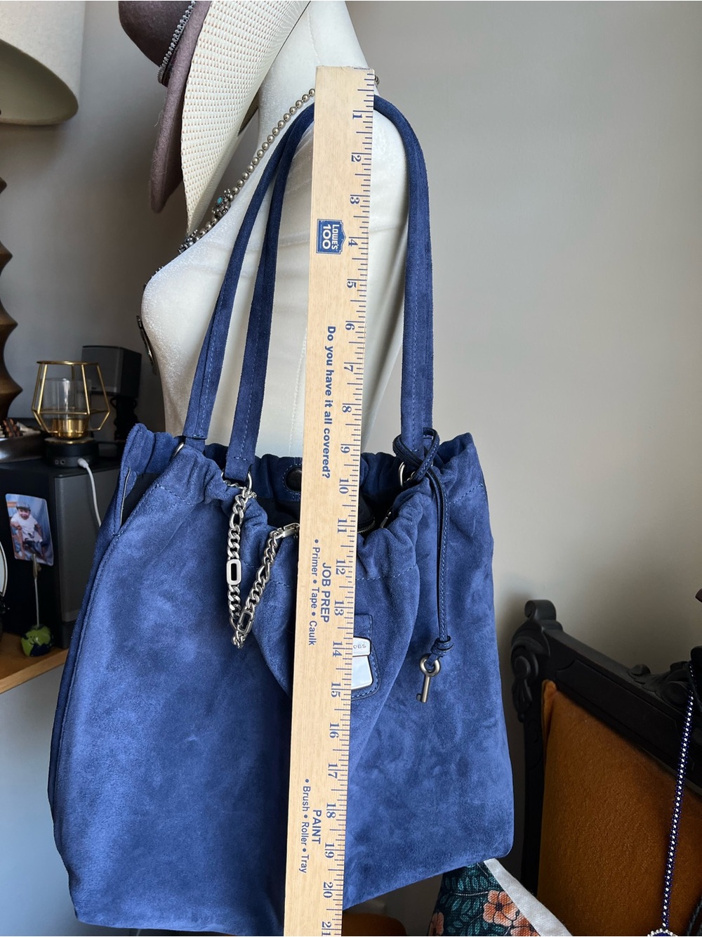 Blue Suede Drawstring Tote Bag - Picture 7 of 9